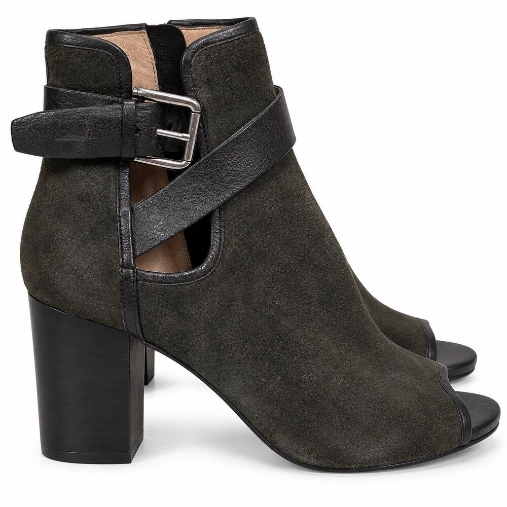 Donald J Pliner Womens 6 Gray Suede Peep Toe Booties Buckle Cutout Block Heel